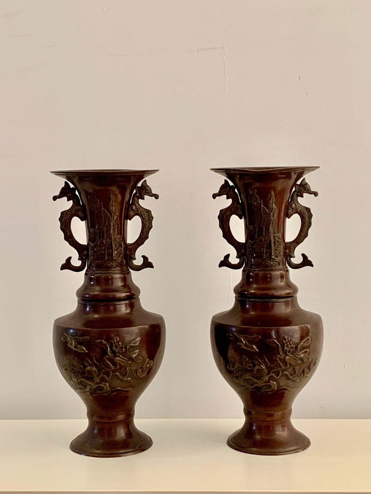 Antique Japanese Bronze Vases Pair Meiji Period 19thC Dragon Handles Bird Relief