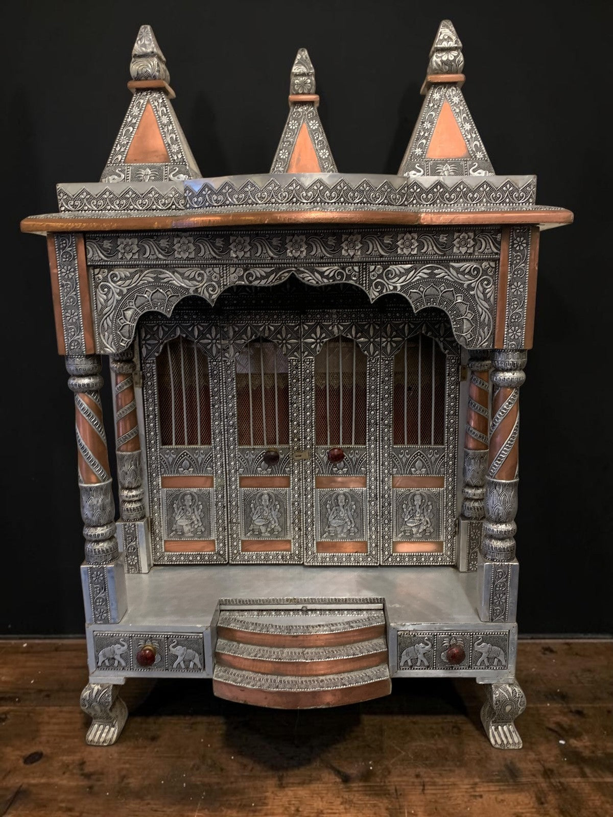 Large Silver & Copper Embossed Indian Pooja Mandir (Shrine) – Ganesha & Lakshmi
