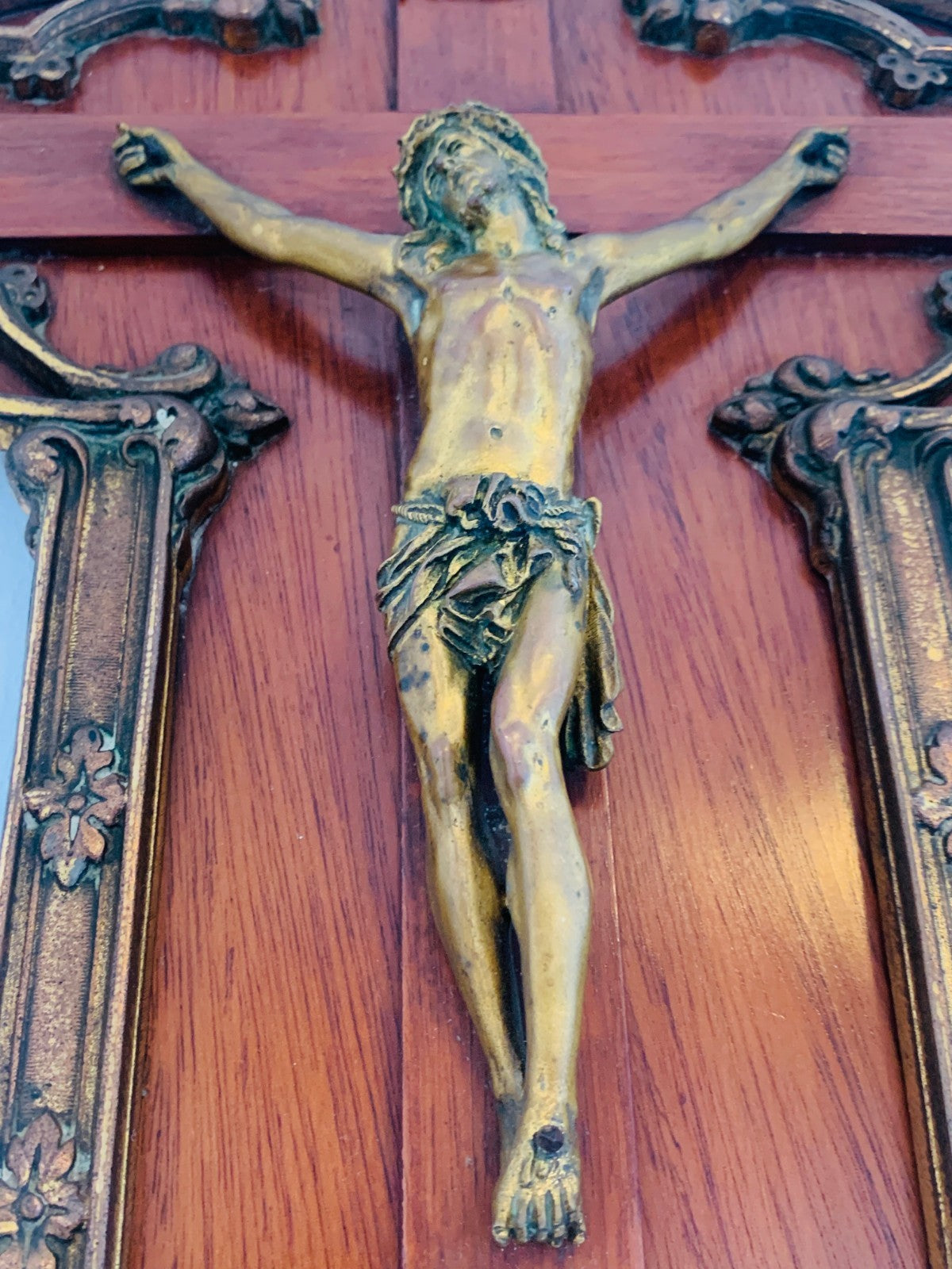 Antique French Gothic Revival Mahogany & Bronze Crucifix, Late 19th/Early 20th C