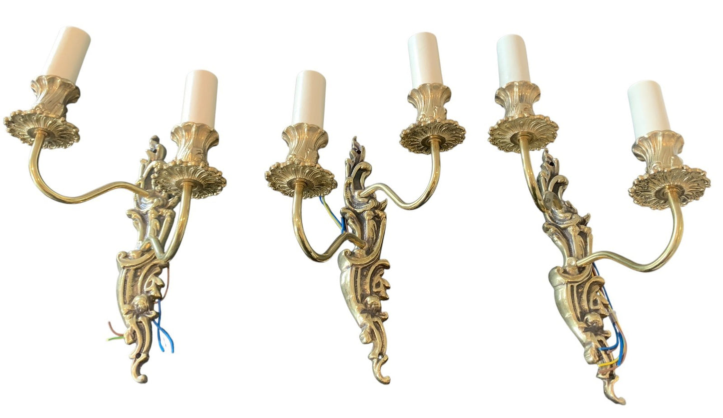 Set of Three Handmade French Rococo Style Brass Twin Candle Wall Lights by Impex
