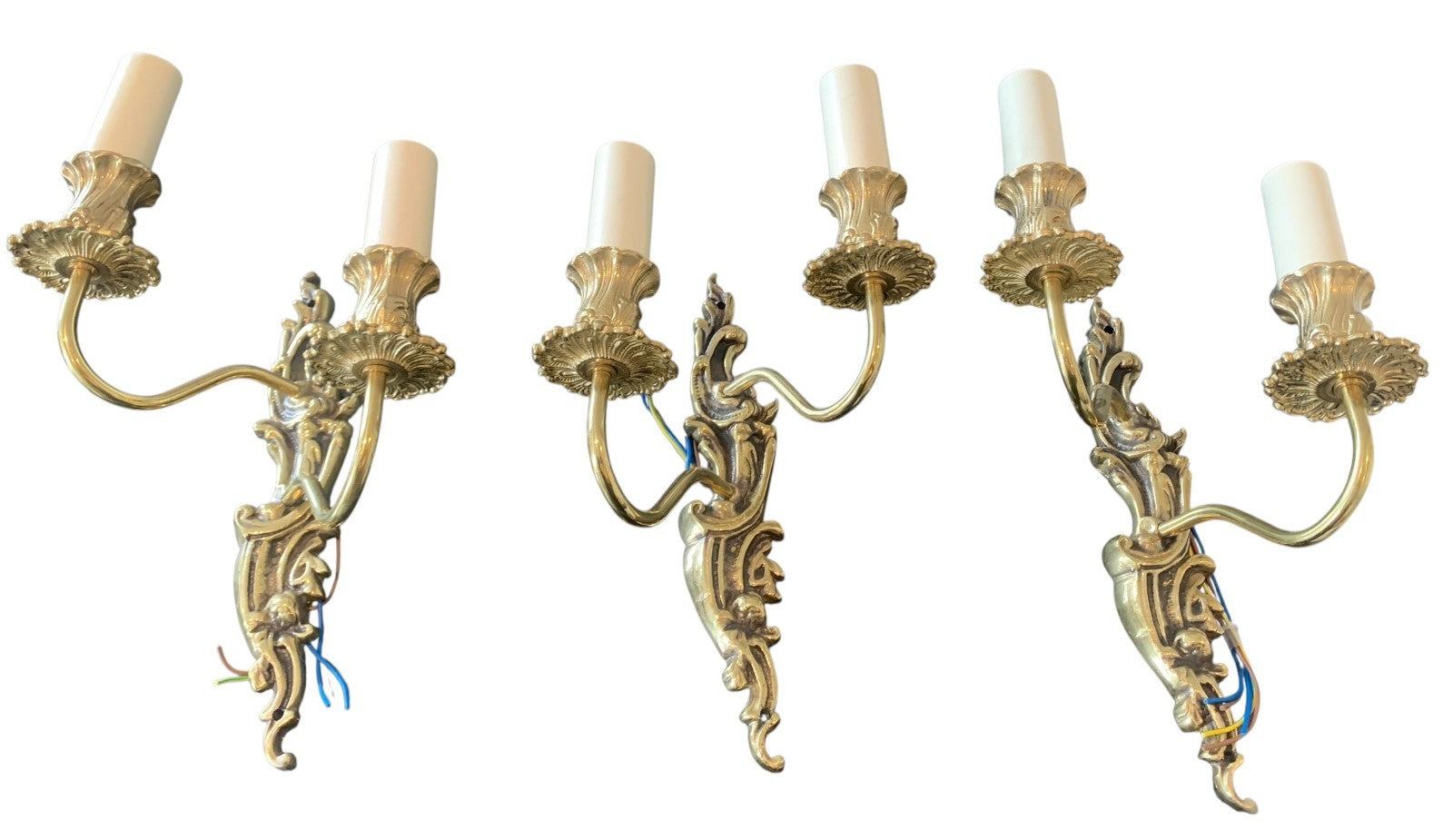 Set of Three Handmade French Rococo Style Brass Twin Candle Wall Lights by Impex