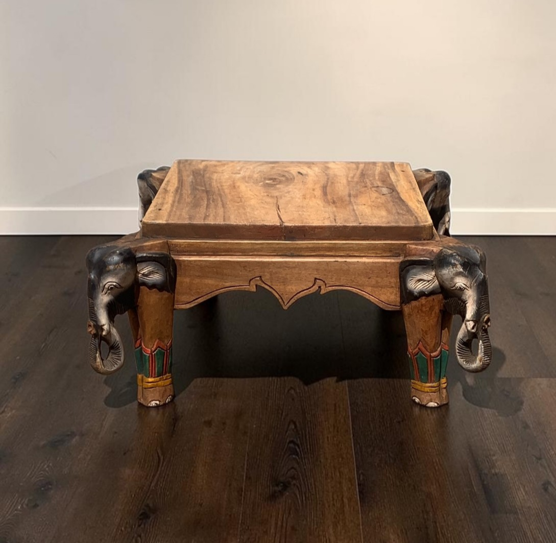Vintage Indian Carved Elephant Coffee Table Low Stool Plant Stand Wooden