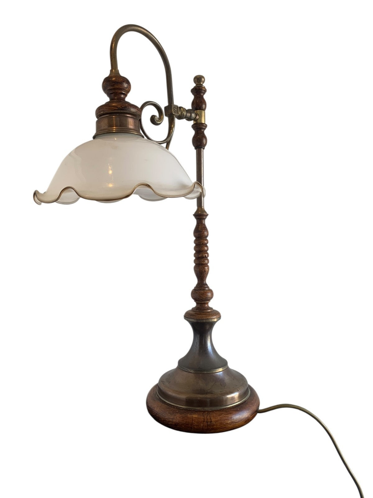 Vintage Art Nouveau Style Brass & Turned Wood Table Lamp with Glass Shade