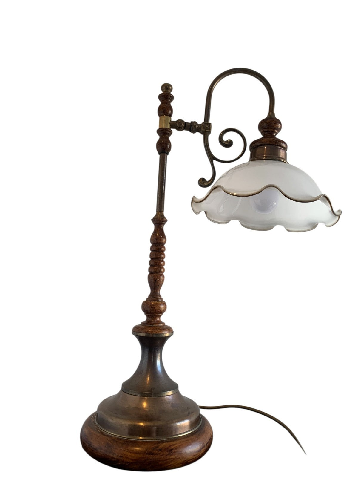 Vintage Art Nouveau Style Brass & Turned Wood Table Lamp with Glass Shade