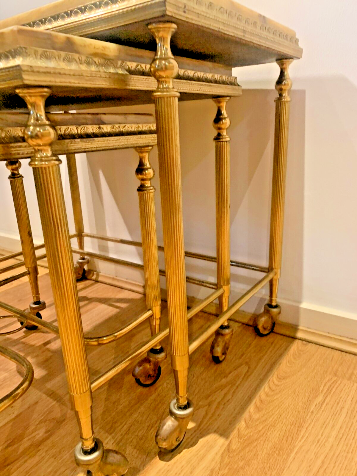 Elegant French Brass and Onyx Nesting Tables, Holllywood Regency Style. 1950's