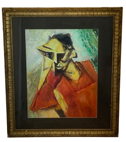 Antique Cubist Oil Painting Portrait After Lyonel Feininger Expressionist, Gilt