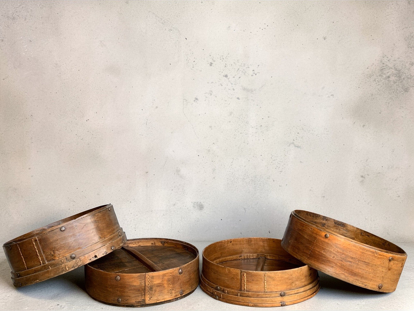 Large Chinese 4 Sectional Food Carrier Rustic Bamboo Wood Side Occasional Table