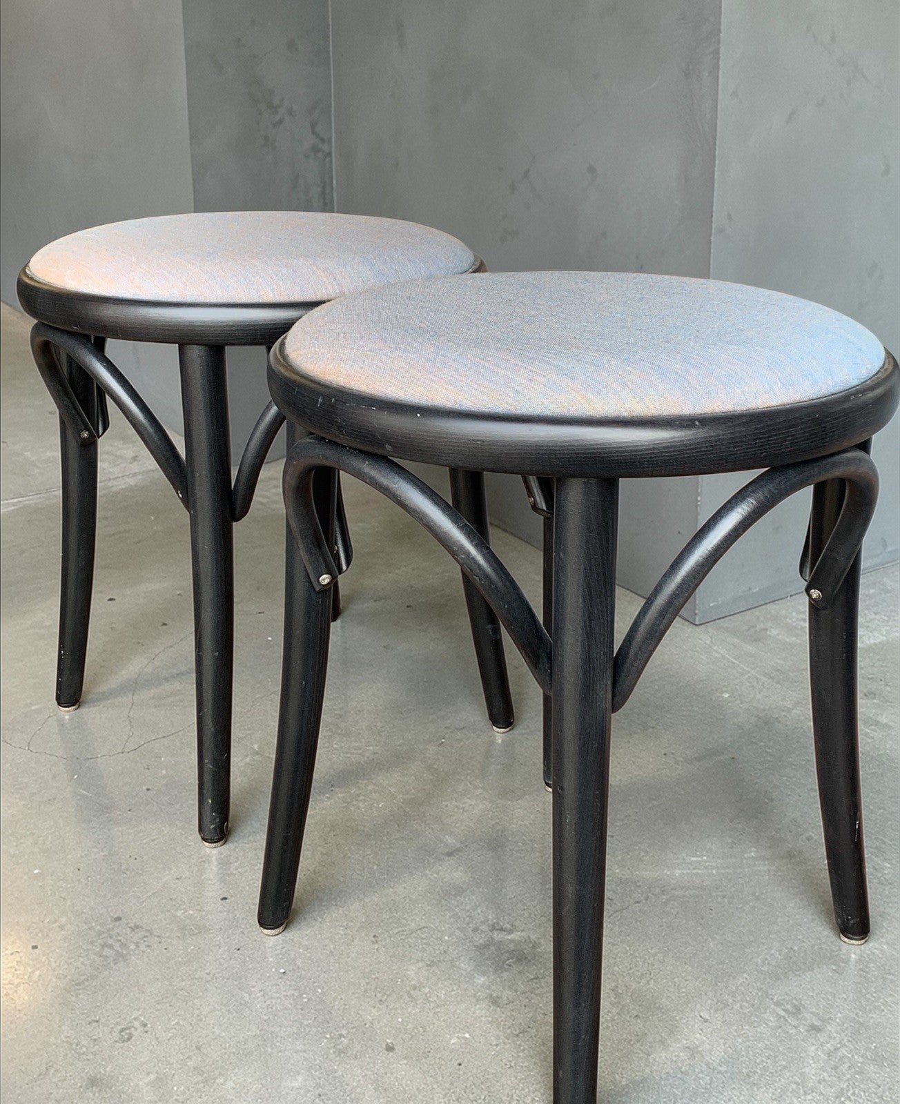 Set of 8 TON No. 60 Bentwood Low Stools | Grey Upholstery | Thonet Heritage