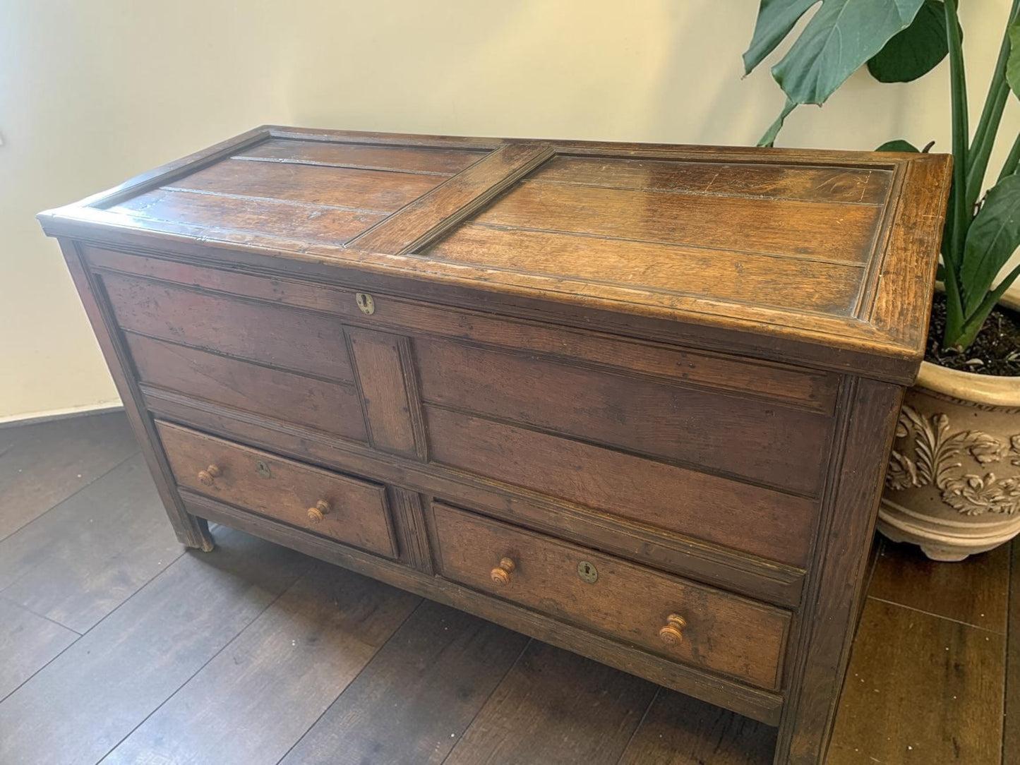 Antique Georgian Oak Mule Chest Blanket Box Drawers Coffee Table Trunk c.1800