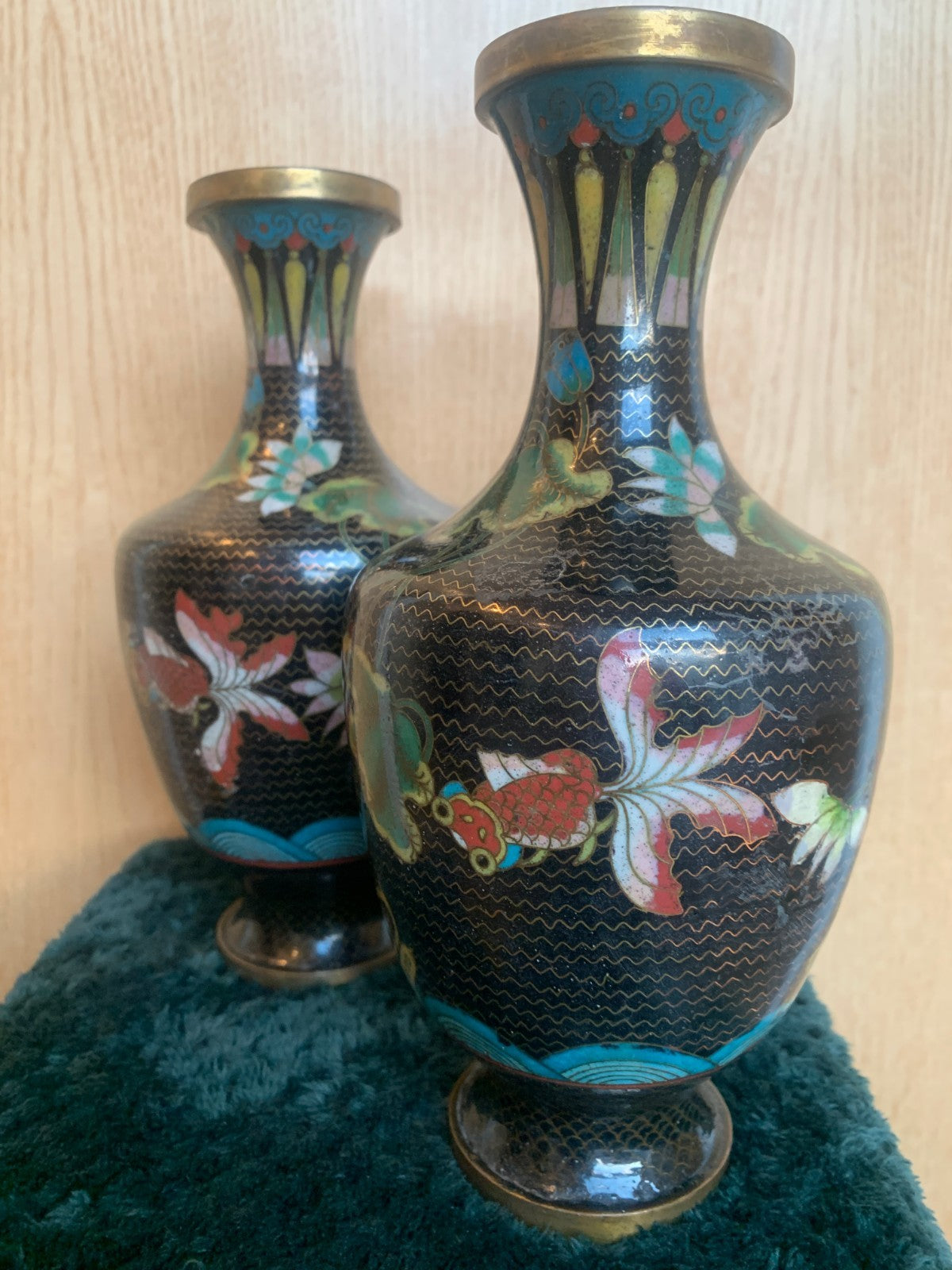 Antique Meiji Pair of Japanese Meiji Period Cloisonné Vases with Koi Carp