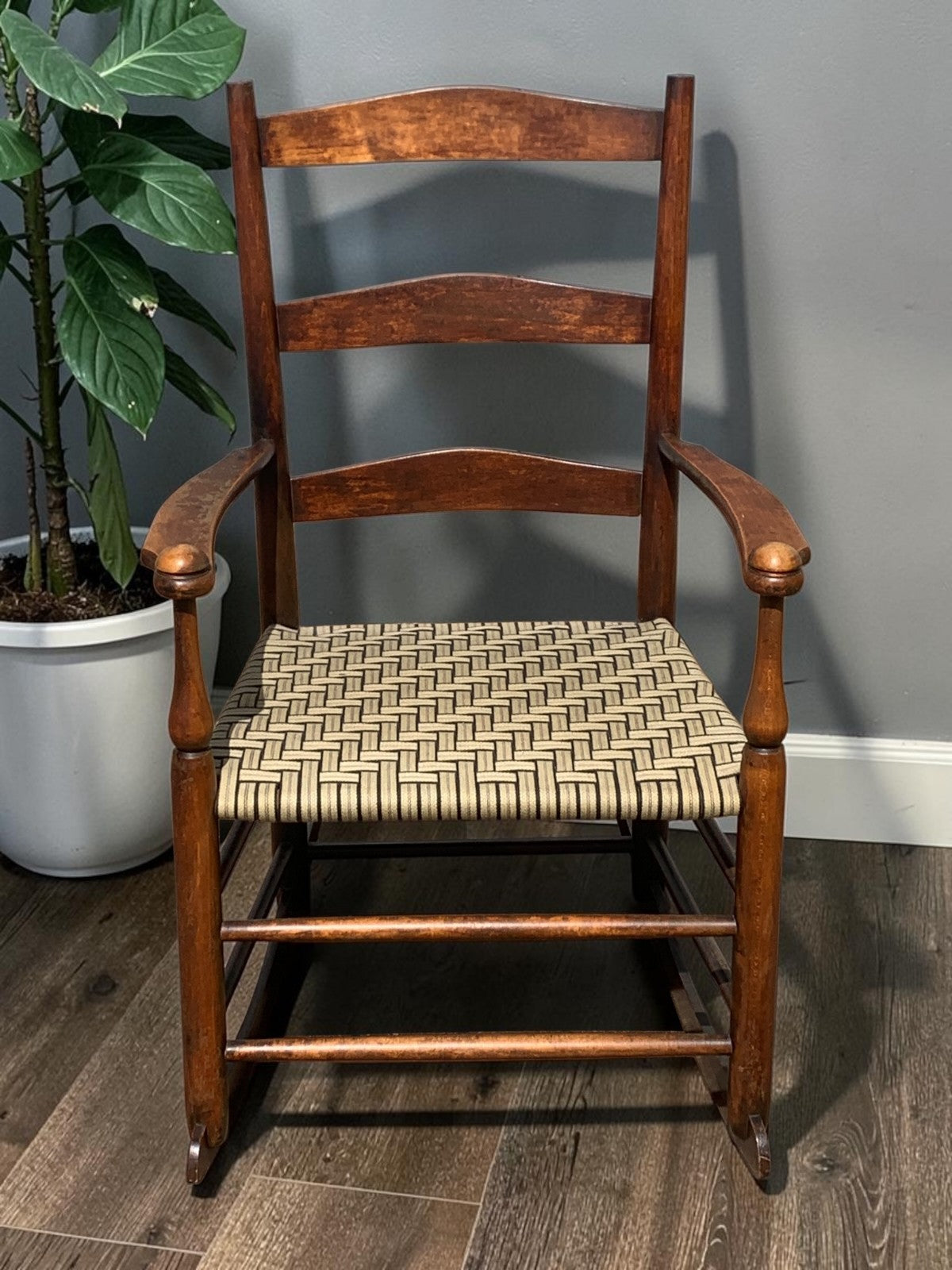 Antique American Child's Shaker Ladderback Rocking Chair Woven Seat c.1900