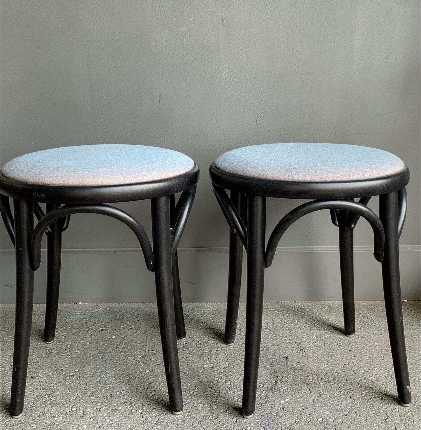 Set of 8 TON No. 60 Bentwood Low Stools | Grey Upholstery | Thonet Heritage