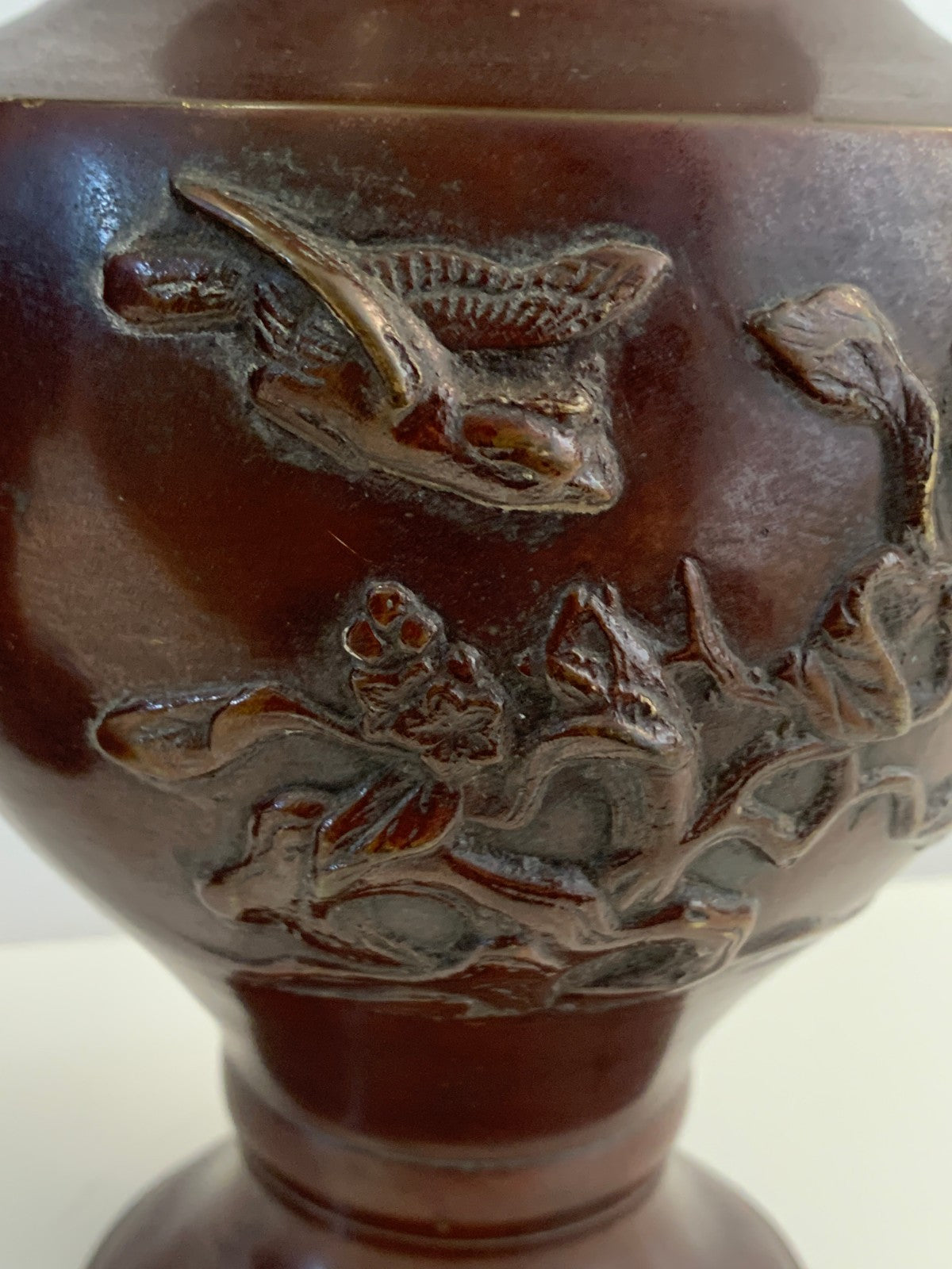 Antique Japanese Bronze Vases Pair Meiji Period 19thC Dragon Handles Bird Relief