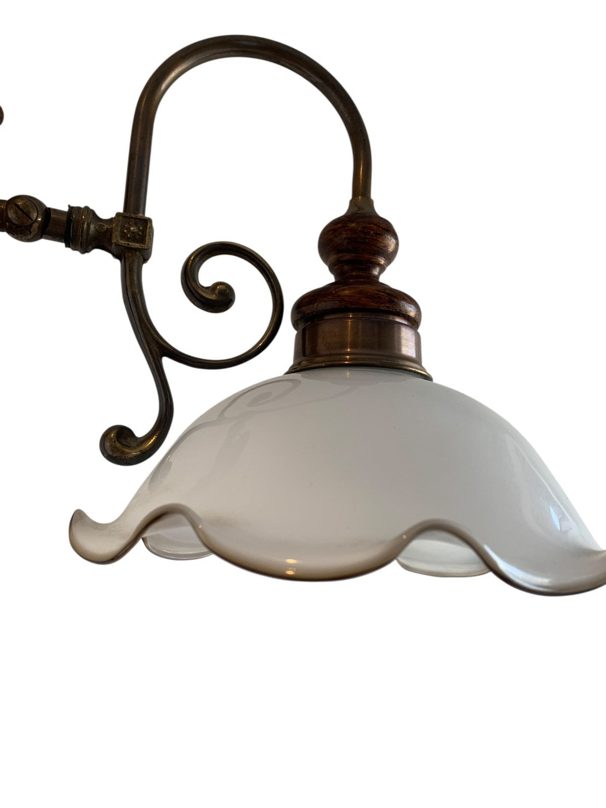 Vintage Art Nouveau Style Brass & Turned Wood Table Lamp with Glass Shade