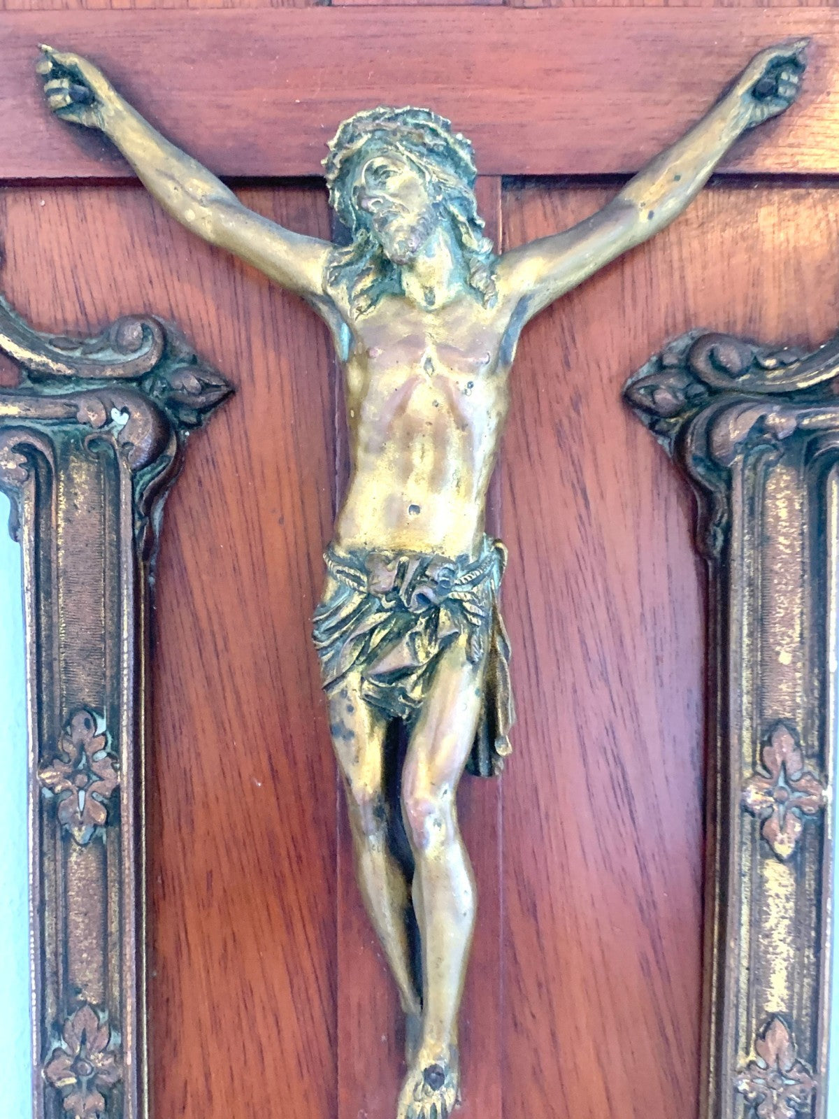 Antique French Gothic Revival Mahogany & Bronze Crucifix, Late 19th/Early 20th C