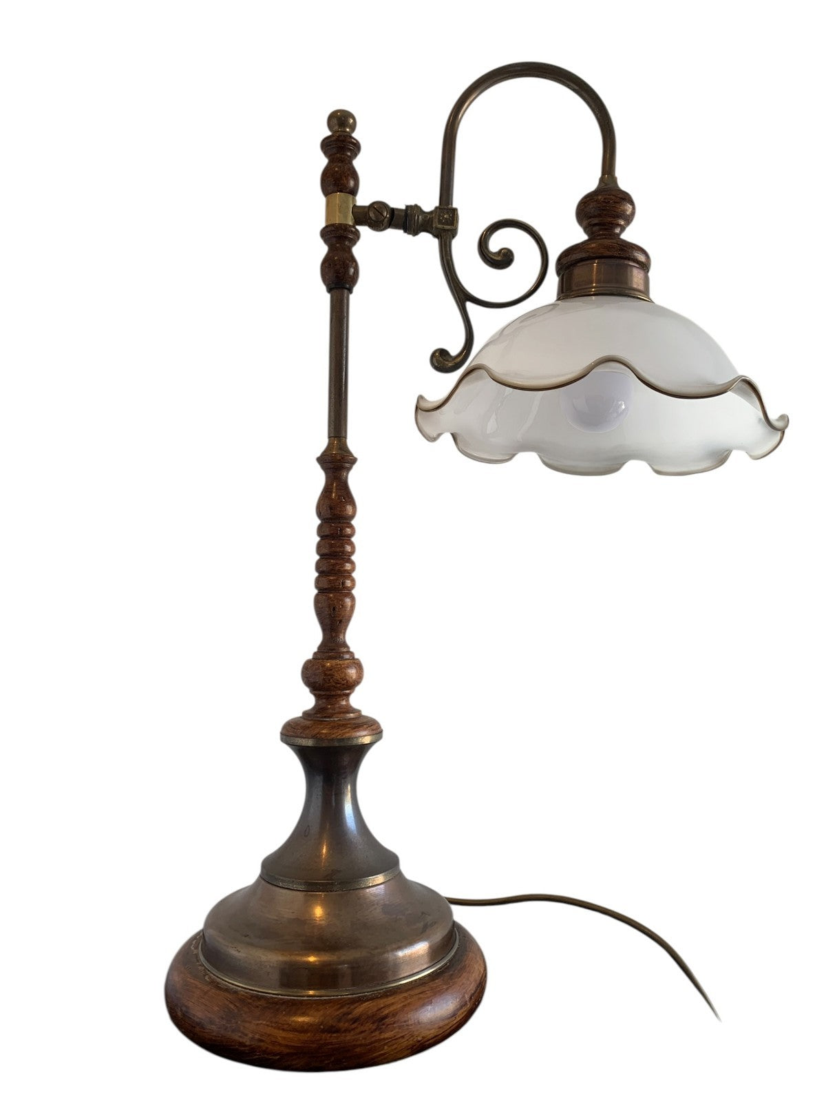Vintage Art Nouveau Style Brass & Turned Wood Table Lamp with Glass Shade