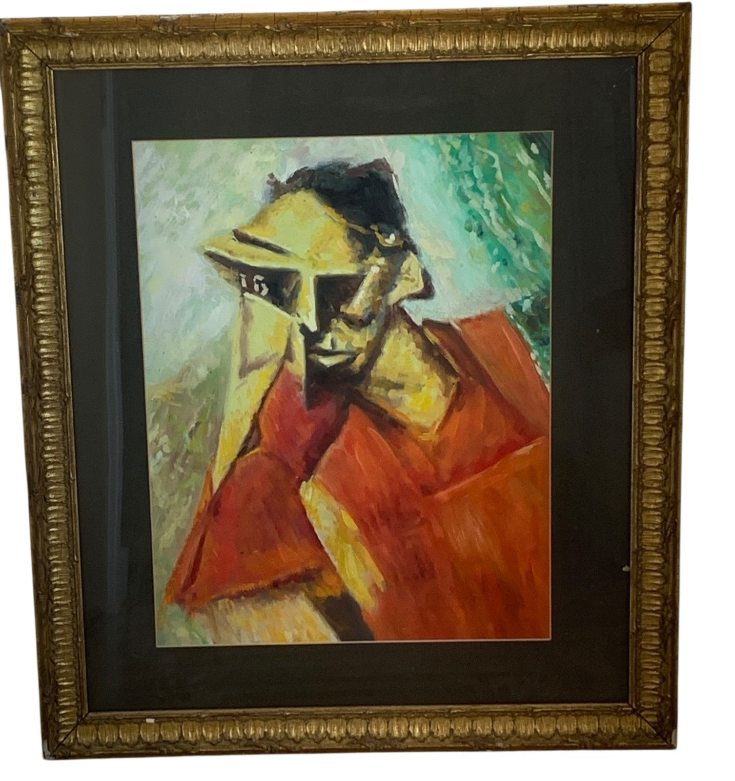 Antique Cubist Oil Painting Portrait After Lyonel Feininger Expressionist, Gilt