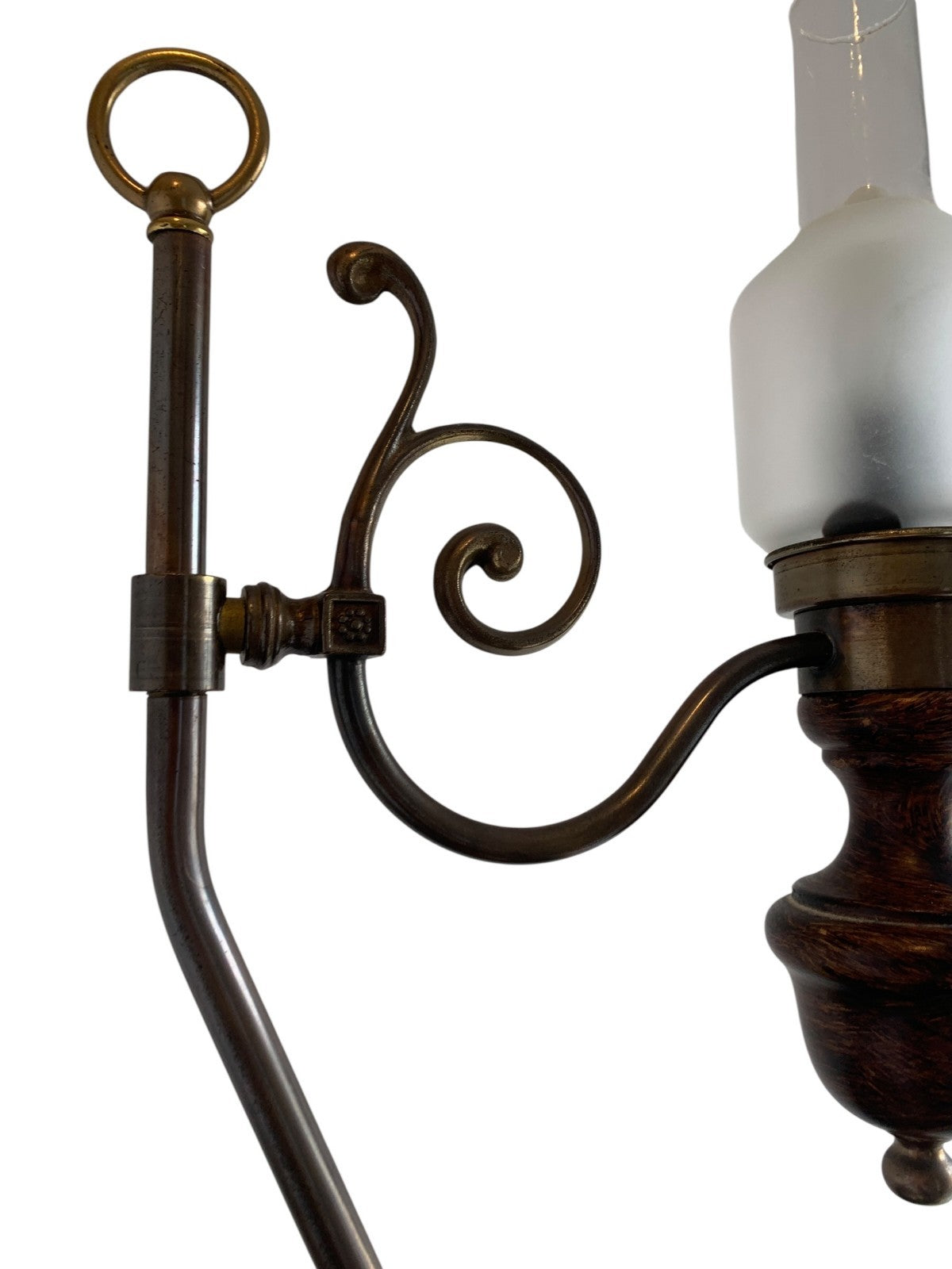 Vintage Art Nouveau "Student" Style Brass & Wood Table Lamp with Glass Shade