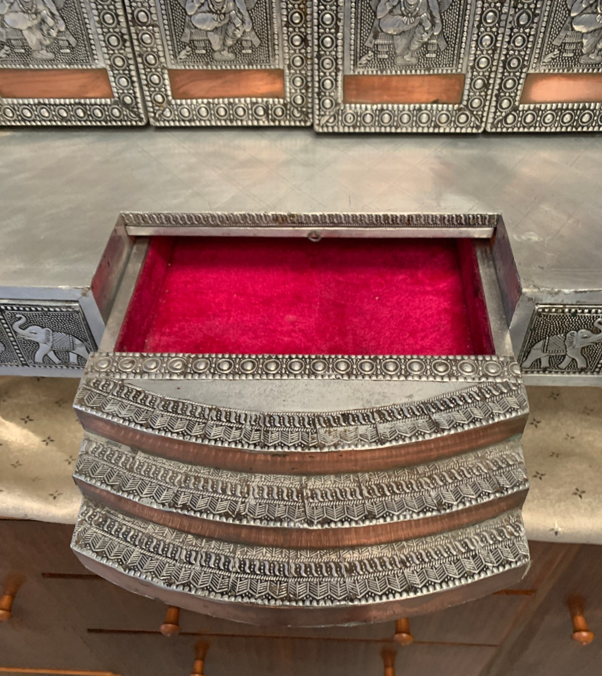Large Silver & Copper Embossed Indian Pooja Mandir (Shrine) – Ganesha & Lakshmi