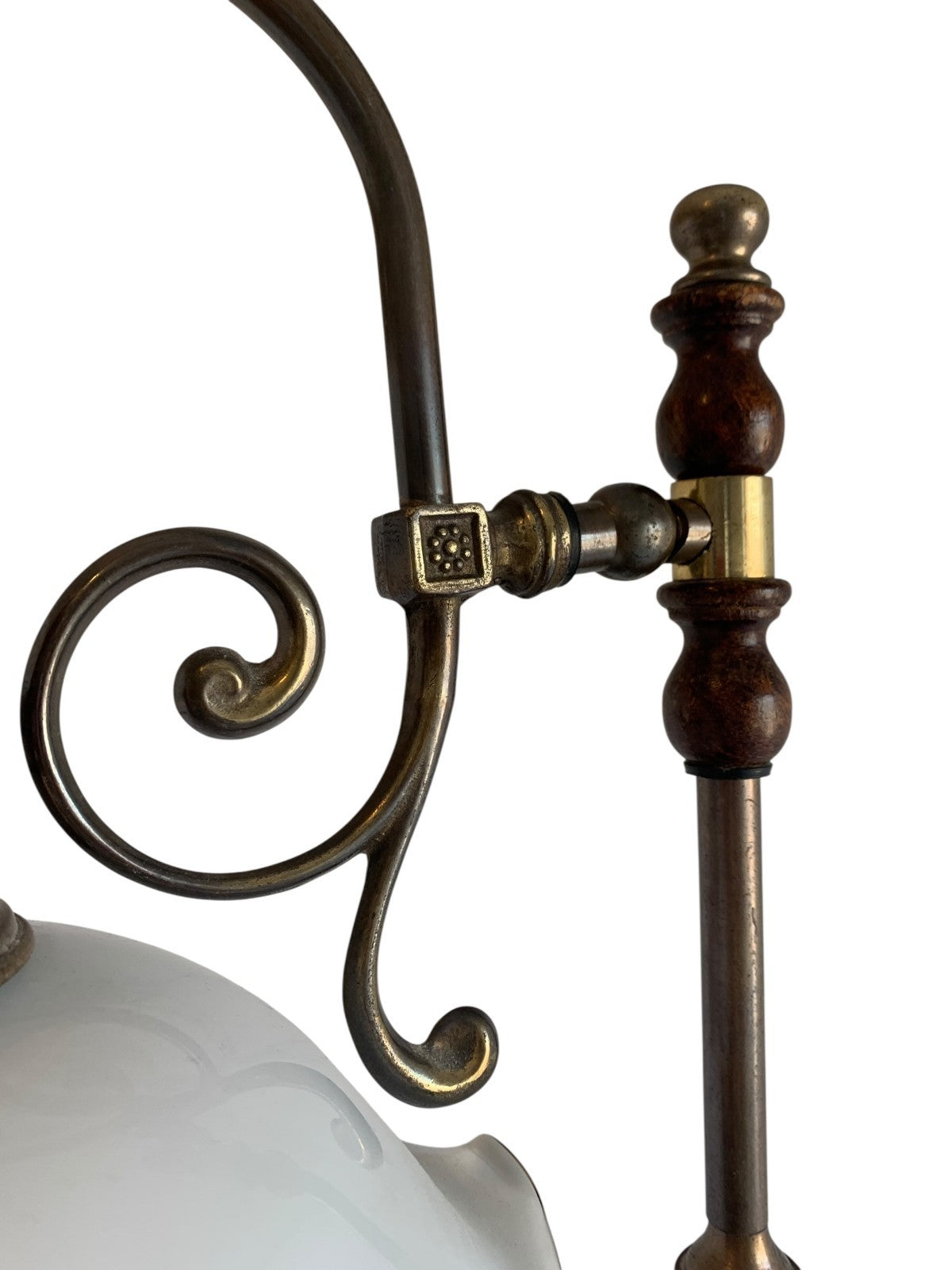 Vintage Art Nouveau Style Brass & Turned Wood Table Lamp with Glass Shade