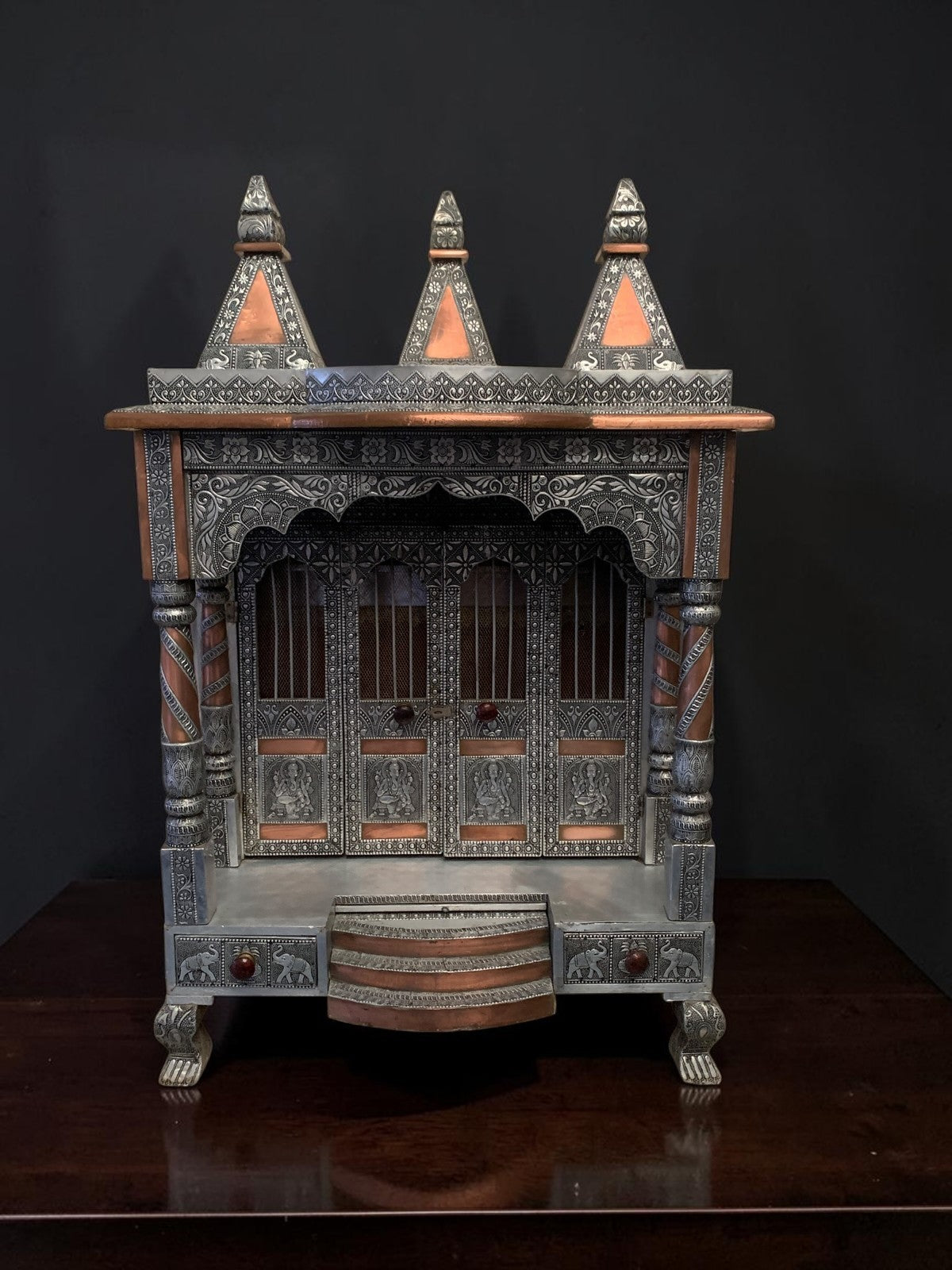 Large Silver & Copper Embossed Indian Pooja Mandir (Shrine) – Ganesha & Lakshmi