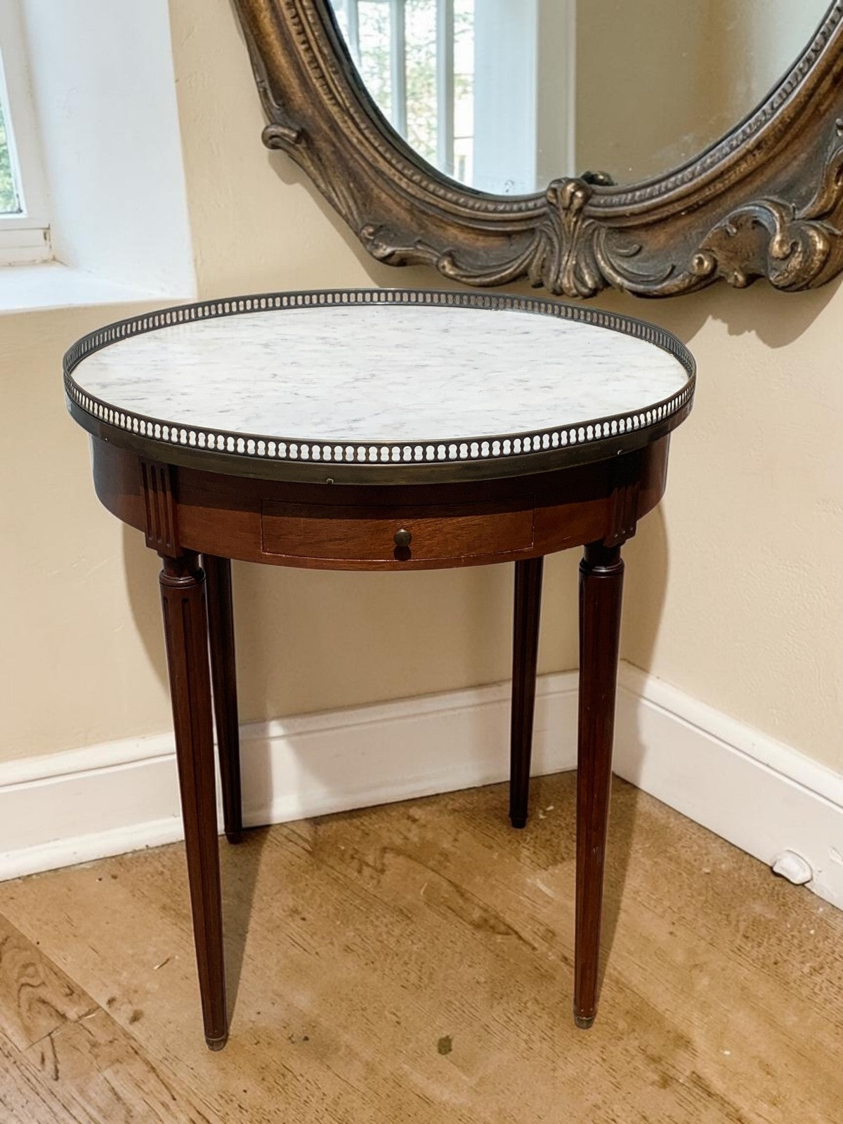 French Louis XVI Mahogany Bouillotte Table Marble Top 2 Drawers 2 Slides c1890
