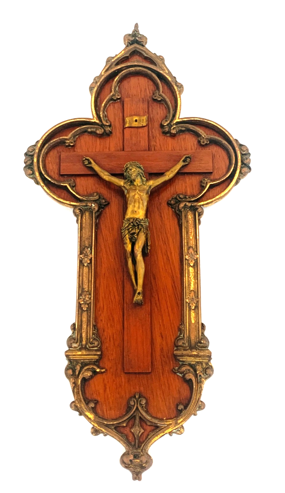 Antique French Gothic Revival Mahogany & Bronze Crucifix, Late 19th/Early 20th C