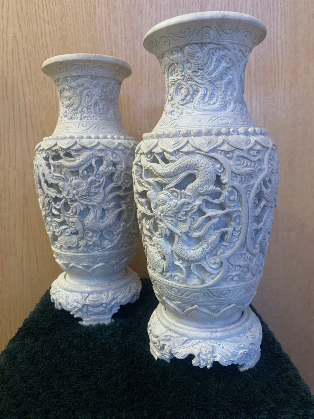 Antique Pair Chinese Carved Soapstone Dragon Vases Late Qing, Early Republican
