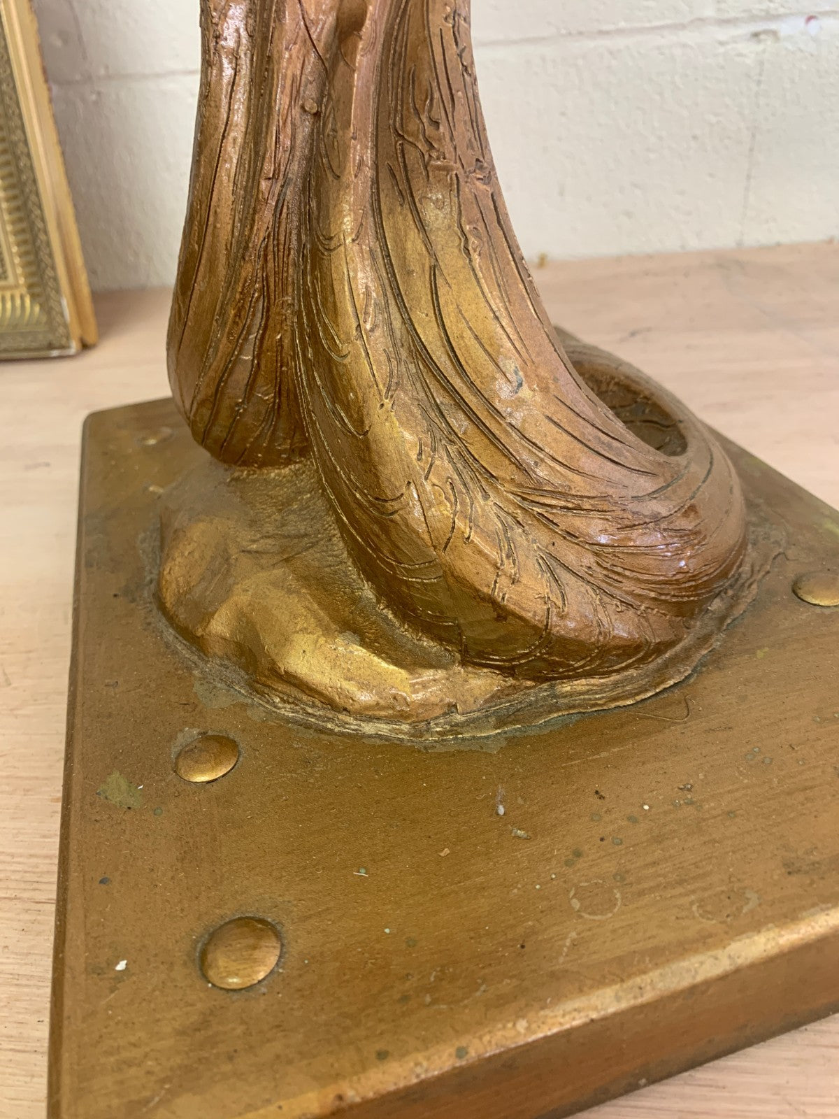 Large Heavy Vintage Art Nouveau-Style Golden Fairy Sculpture with Laurel Wreath