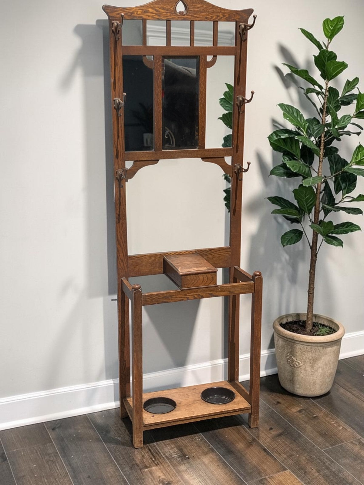 Antique Arts & Crafts Tall Oak Hall Stand Edwardian Umbrella Coat Rack  c.1900