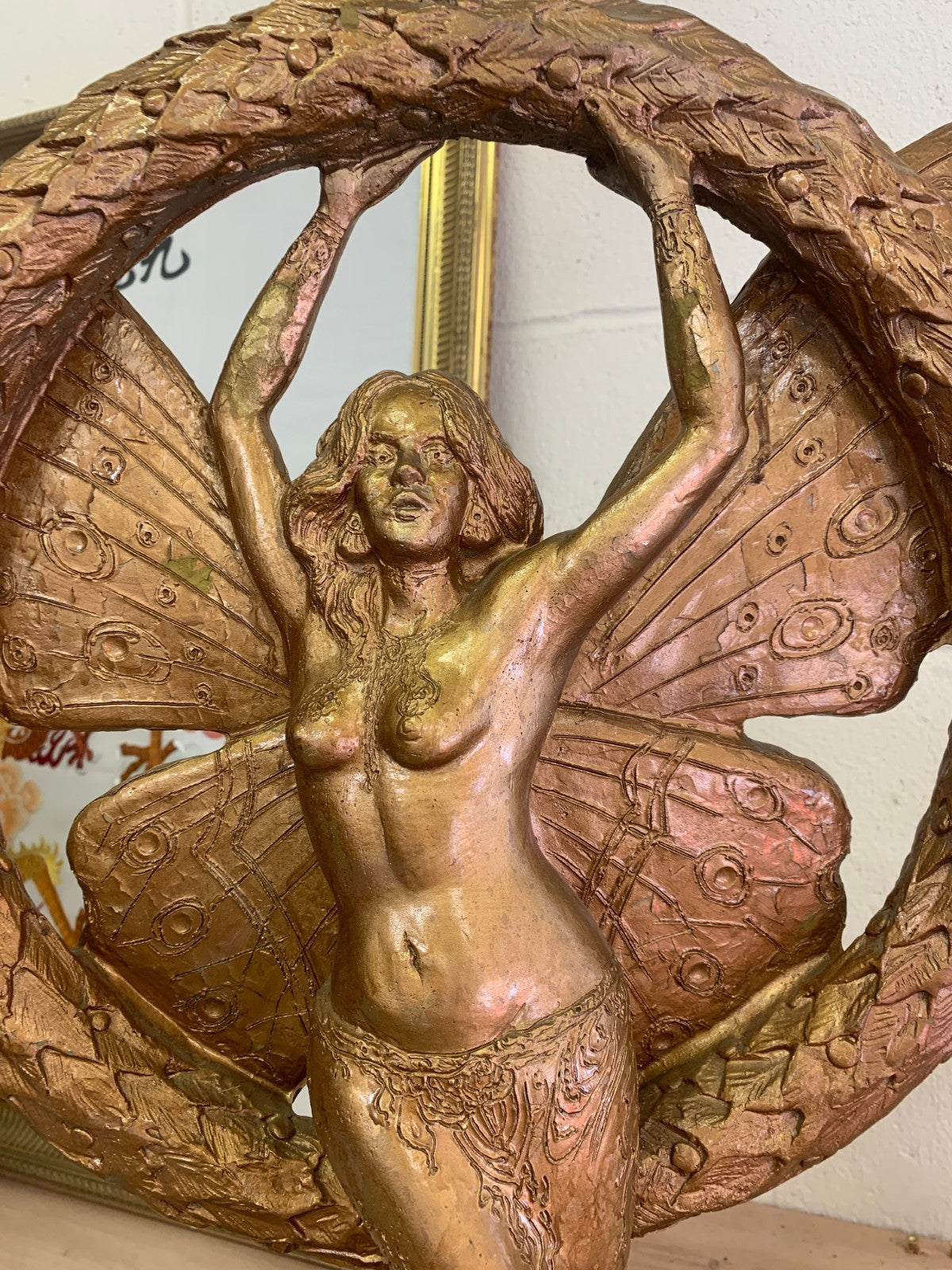 Large Heavy Vintage Art Nouveau-Style Golden Fairy Sculpture with Laurel Wreath