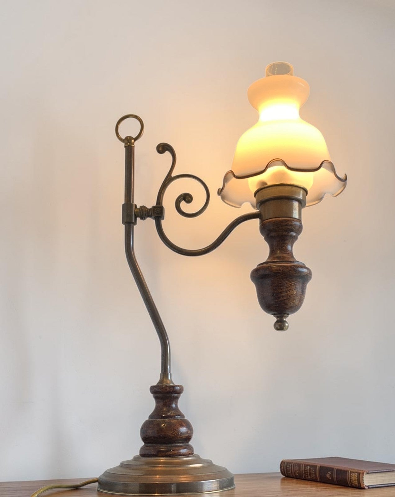 Vintage Art Nouveau "Student" Style Brass & Wood Table Lamp with Glass Shade