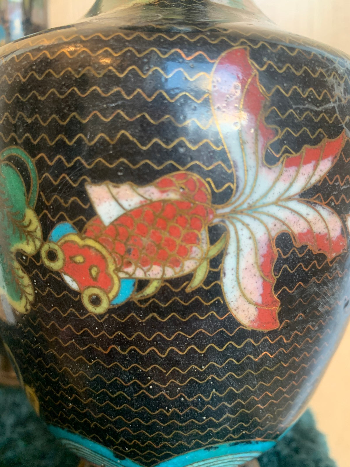 Antique Meiji Pair of Japanese Meiji Period Cloisonné Vases with Koi Carp