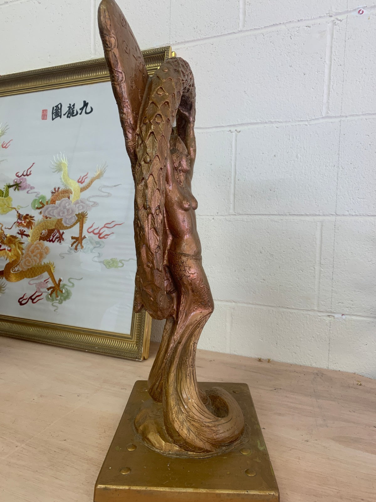 Large Heavy Vintage Art Nouveau-Style Golden Fairy Sculpture with Laurel Wreath