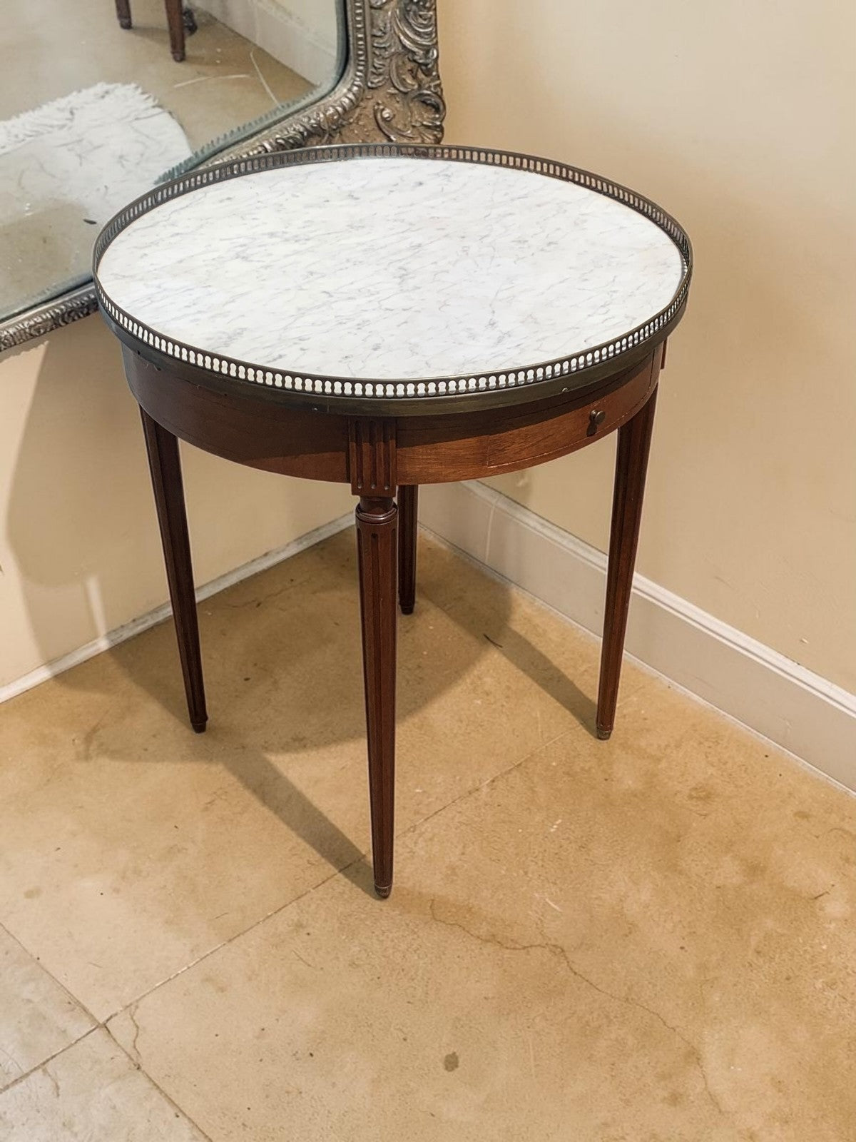 French Louis XVI Mahogany Bouillotte Table Marble Top 2 Drawers 2 Slides c1890