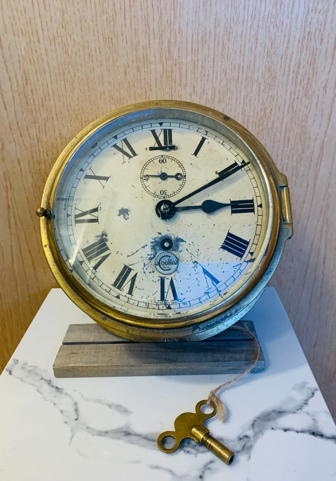 Pre-1867 Antique Brass Bulkhead Clock by Cooke, Hull, precursor to B.Cooke & Son