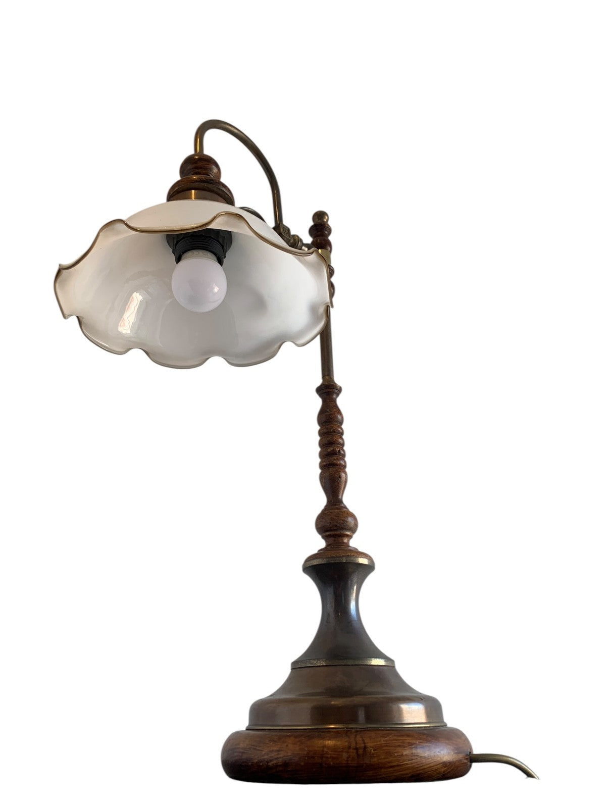 Vintage Art Nouveau Style Brass & Turned Wood Table Lamp with Glass Shade