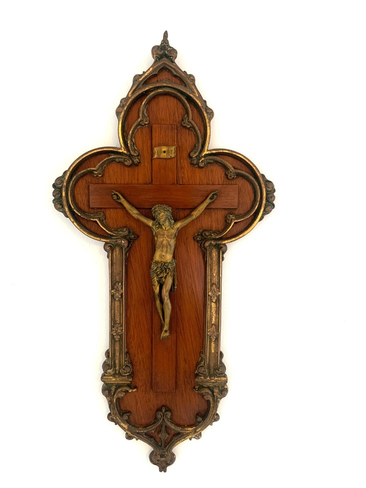 Antique French Gothic Revival Mahogany & Bronze Crucifix, Late 19th/Early 20th C