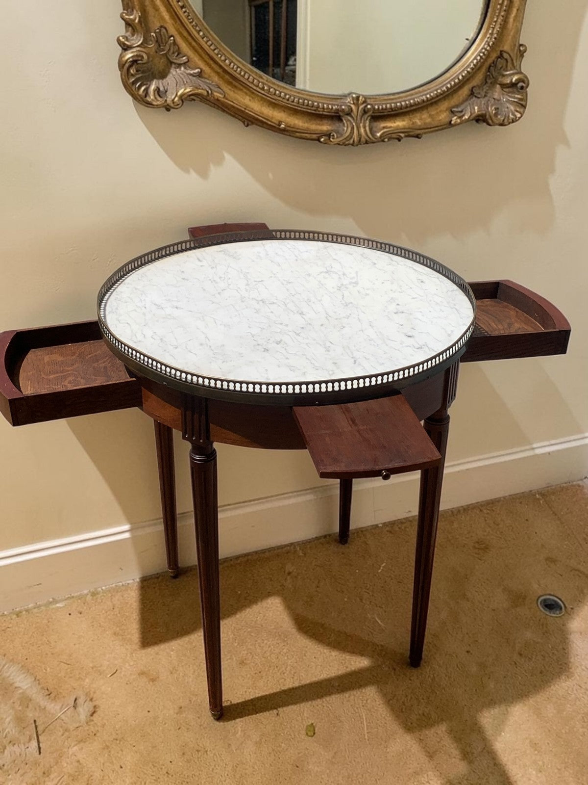 French Louis XVI Mahogany Bouillotte Table Marble Top 2 Drawers 2 Slides c1890