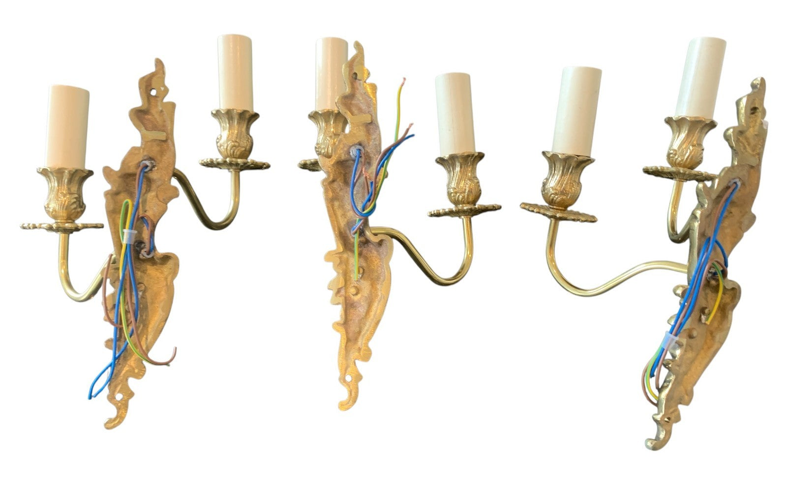 Set of Three Handmade French Rococo Style Brass Twin Candle Wall Lights by Impex