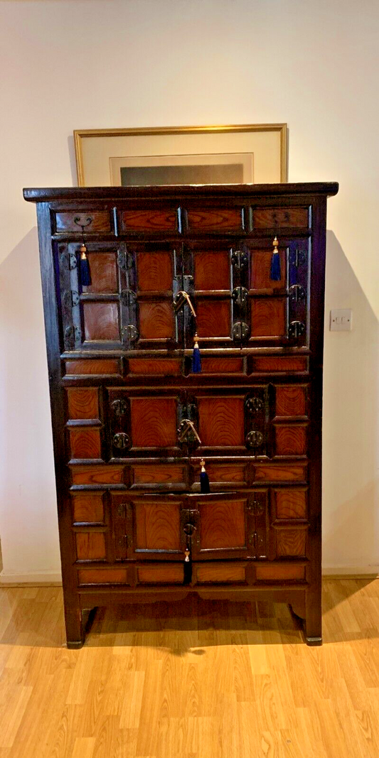 Gorgeous Vintage Korean Elm Bandaji Cabinet, Original Locks, Hanji Paper