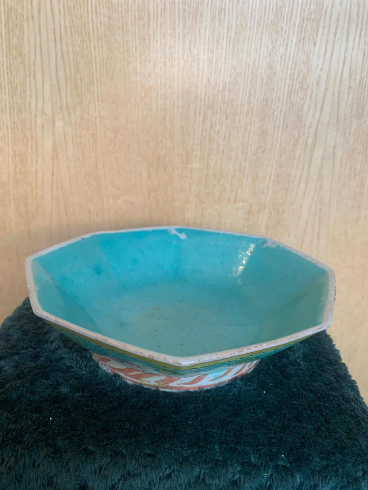 Antique Chinese Octagonal Pedestal Bowl Famille Verte / Yellow Clouds Motif