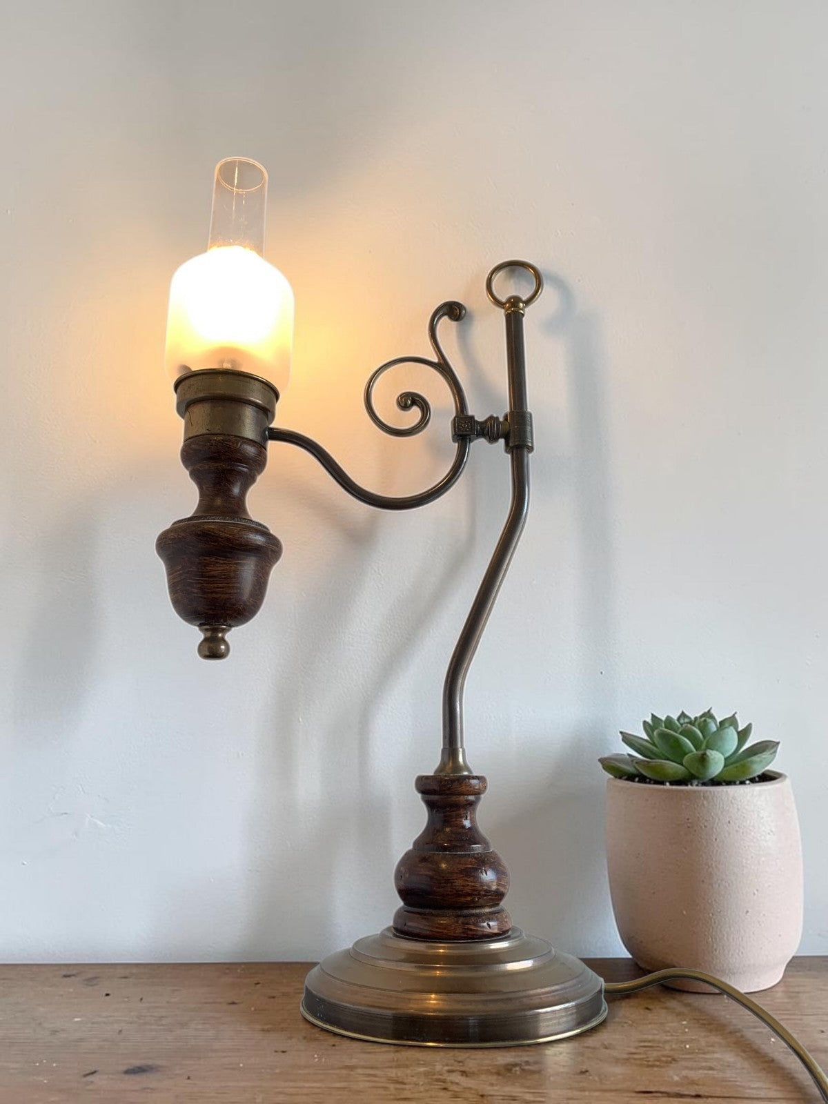Vintage Art Nouveau "Student" Style Brass & Wood Table Lamp with Glass Shade