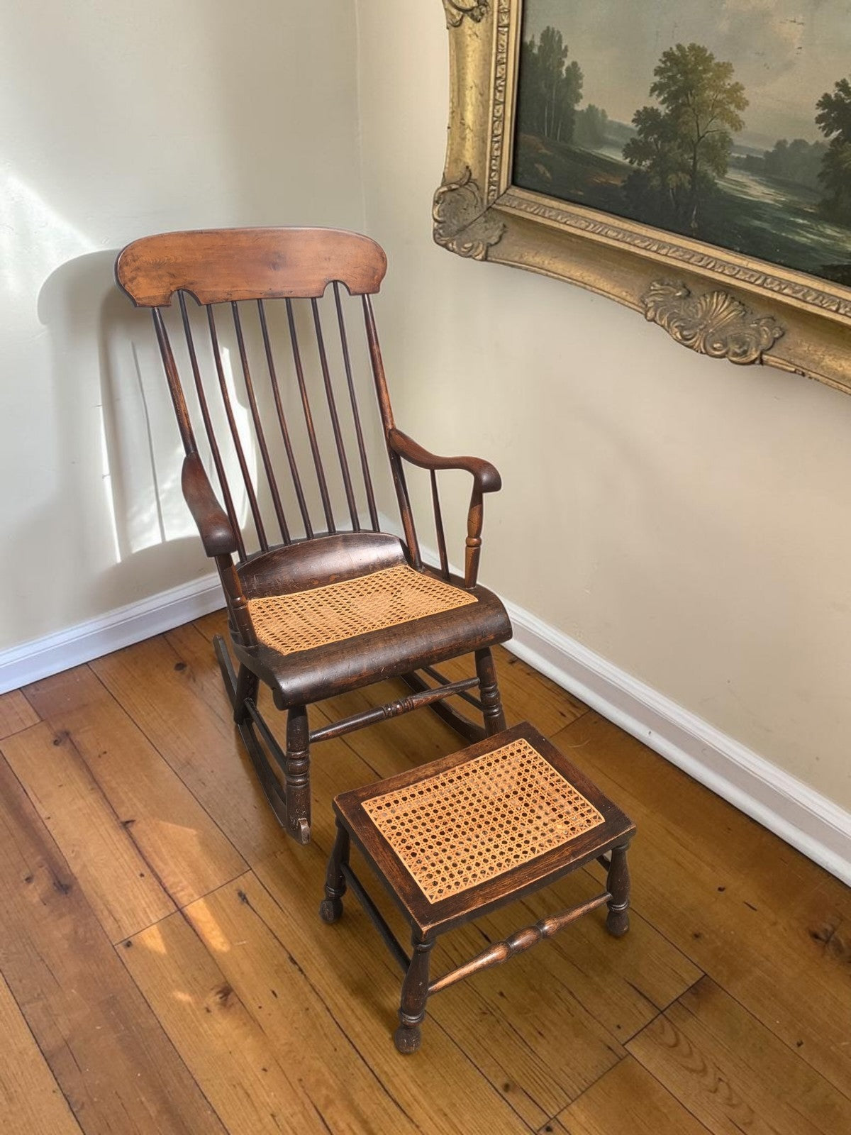 Antique Boston Rocker Chair & Matching Footstool c.1880 Victorian Windsor Cane