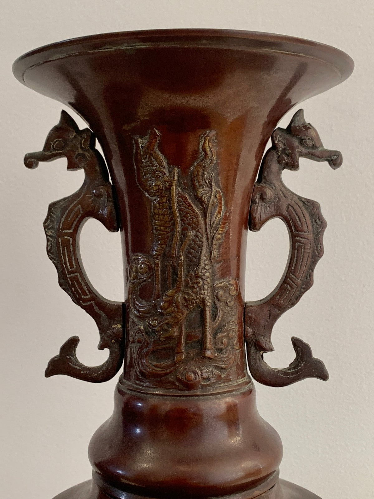 Antique Japanese Bronze Vases Pair Meiji Period 19thC Dragon Handles Bird Relief