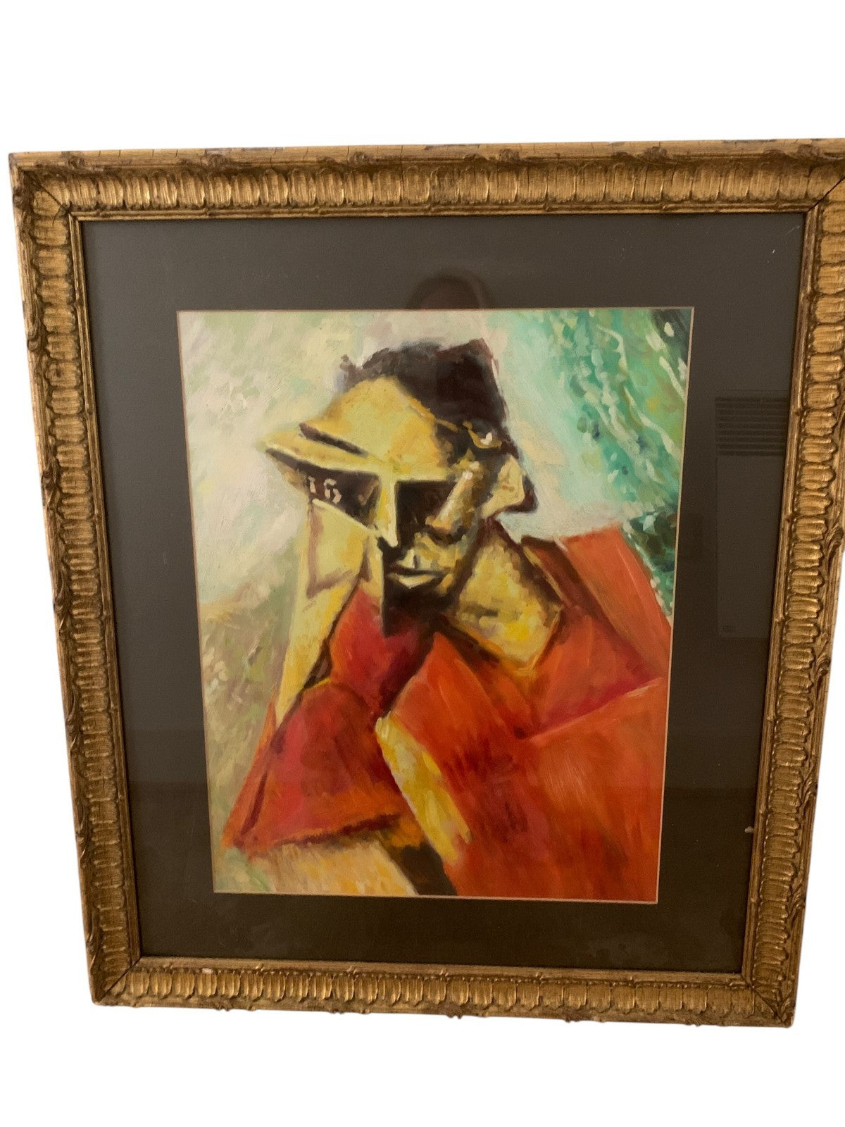 Antique Cubist Oil Painting Portrait After Lyonel Feininger Expressionist, Gilt