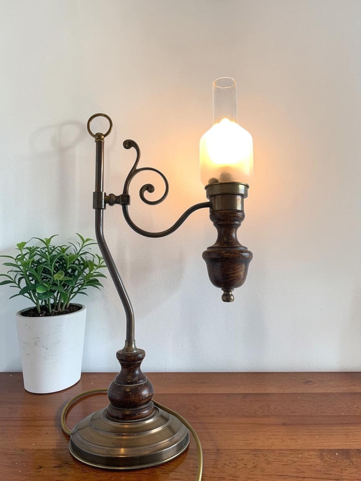 Vintage Art Nouveau "Student" Style Brass & Wood Table Lamp with Glass Shade