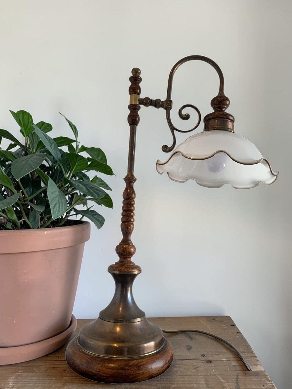 Vintage Art Nouveau Style Brass & Turned Wood Table Lamp with Glass Shade