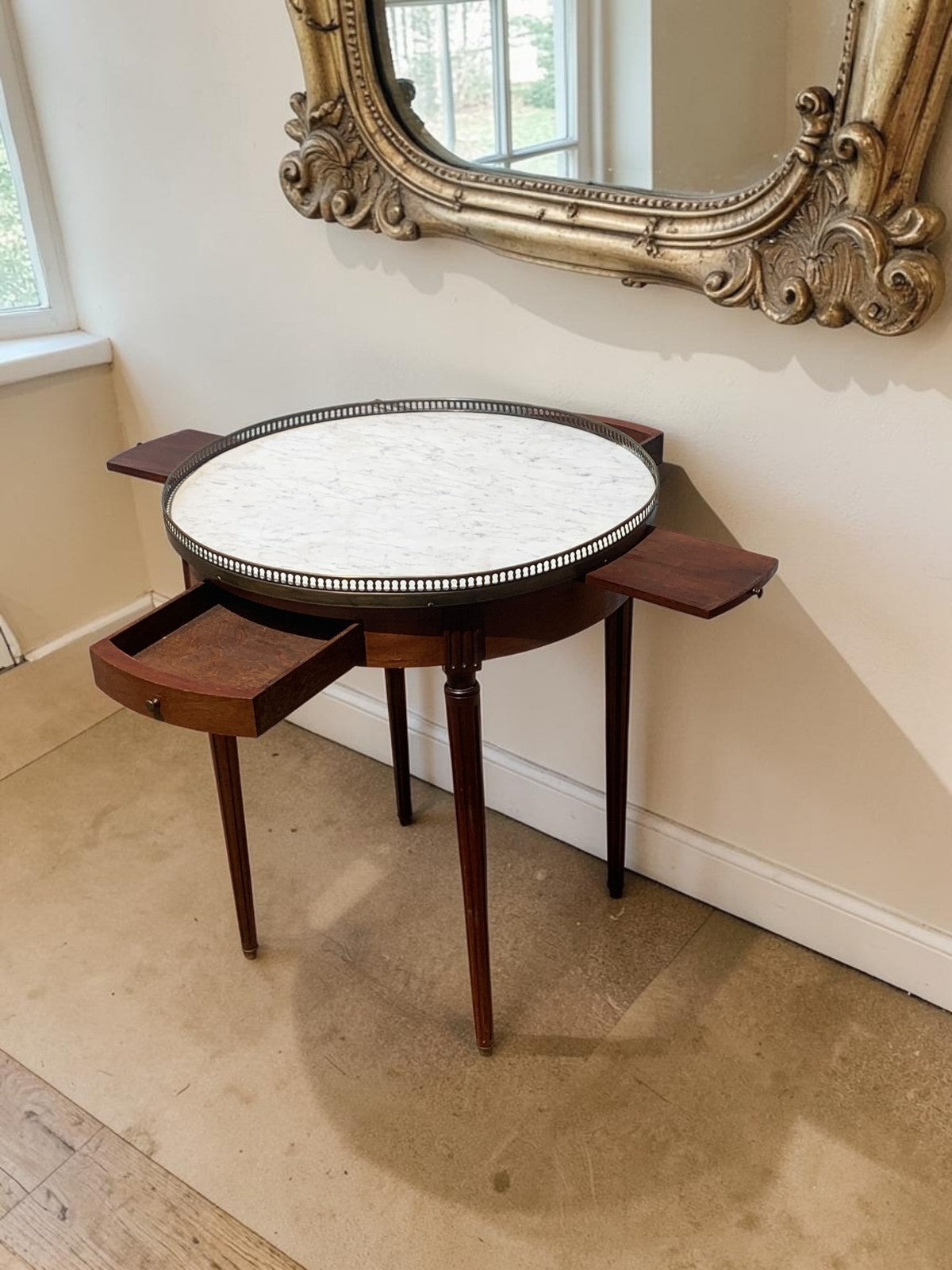 French Louis XVI Mahogany Bouillotte Table Marble Top 2 Drawers 2 Slides c1890