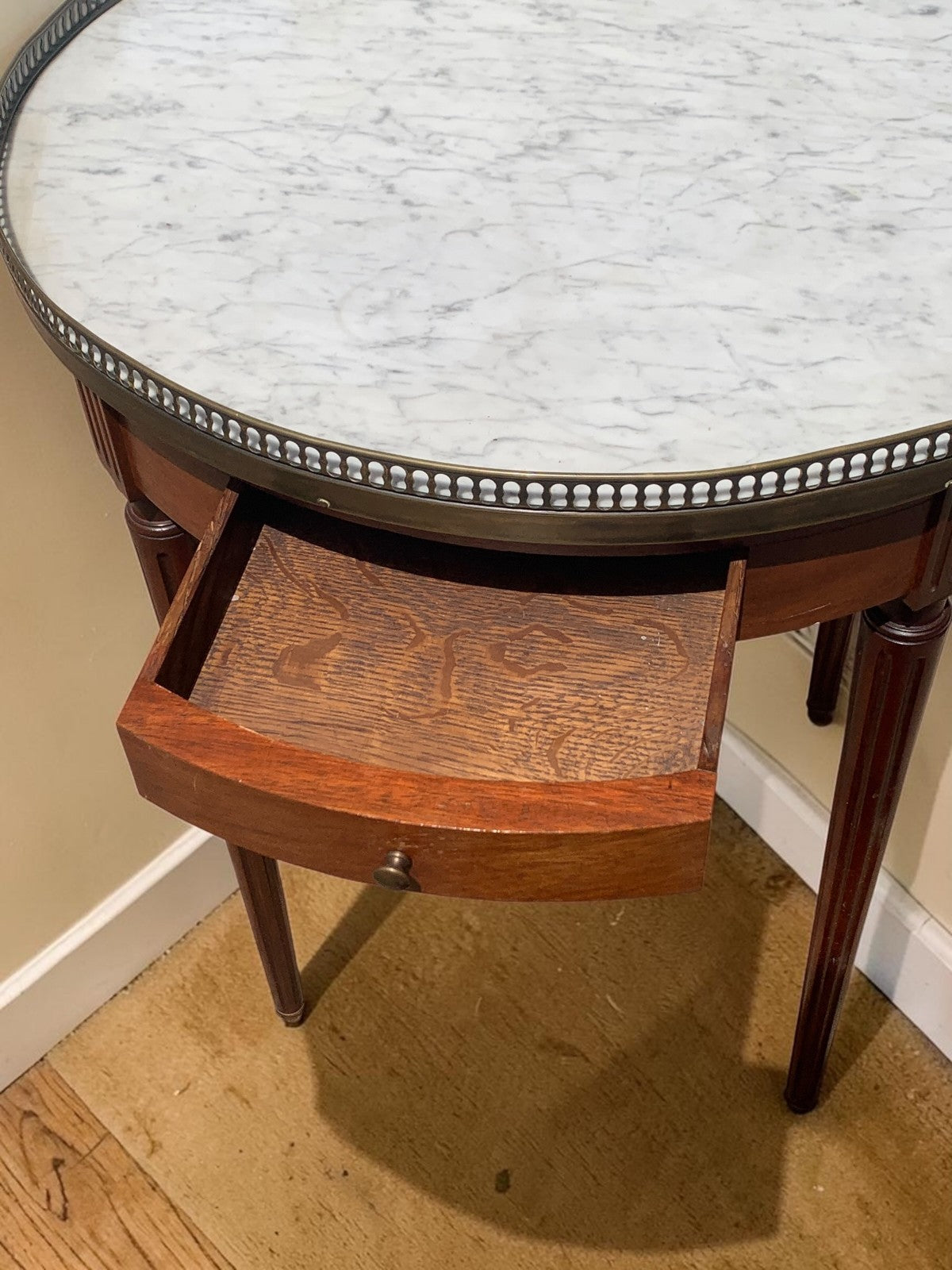 French Louis XVI Mahogany Bouillotte Table Marble Top 2 Drawers 2 Slides c1890